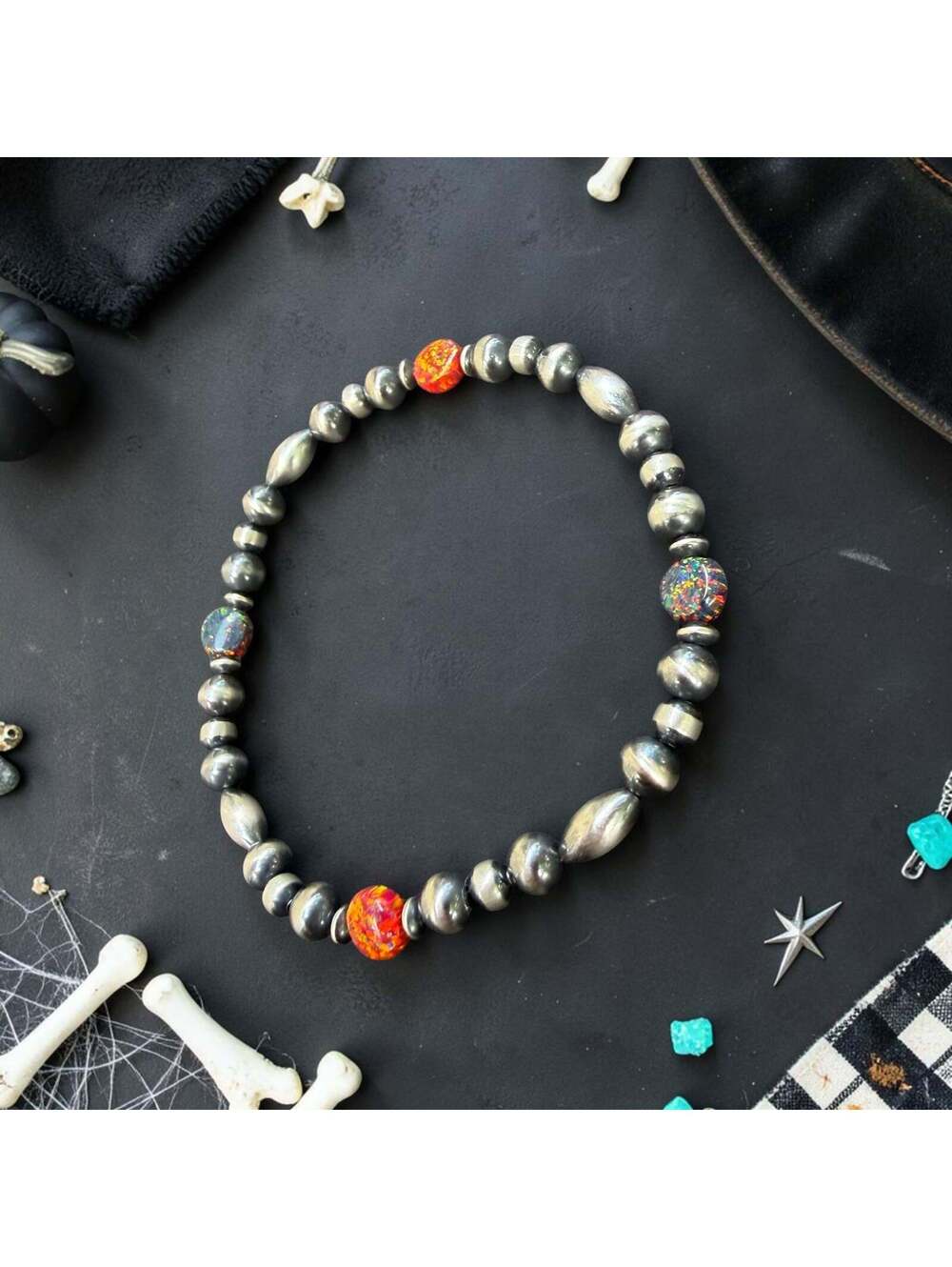 Blackfire & Blood Orange Navajo Pearl Style Fire Opal Stretch Bracelet
